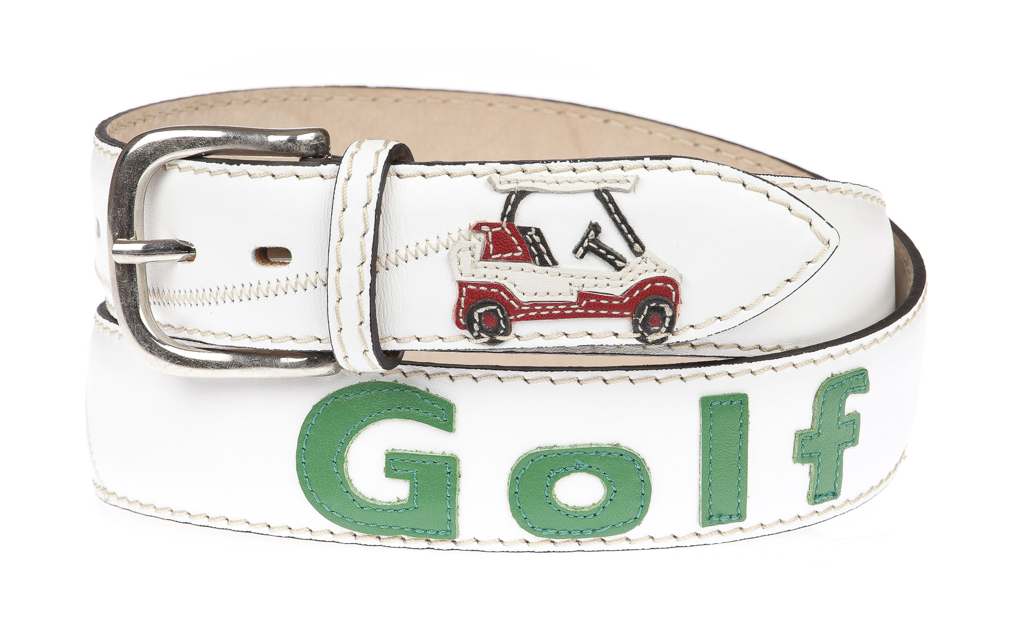 GOLF BELT: cintura uomo in cuoio, colore : BIANCO / MULTICOLOR, tema  fantasia Golf Made in Italy, CINTURE IN PELLE MULTICOLORE