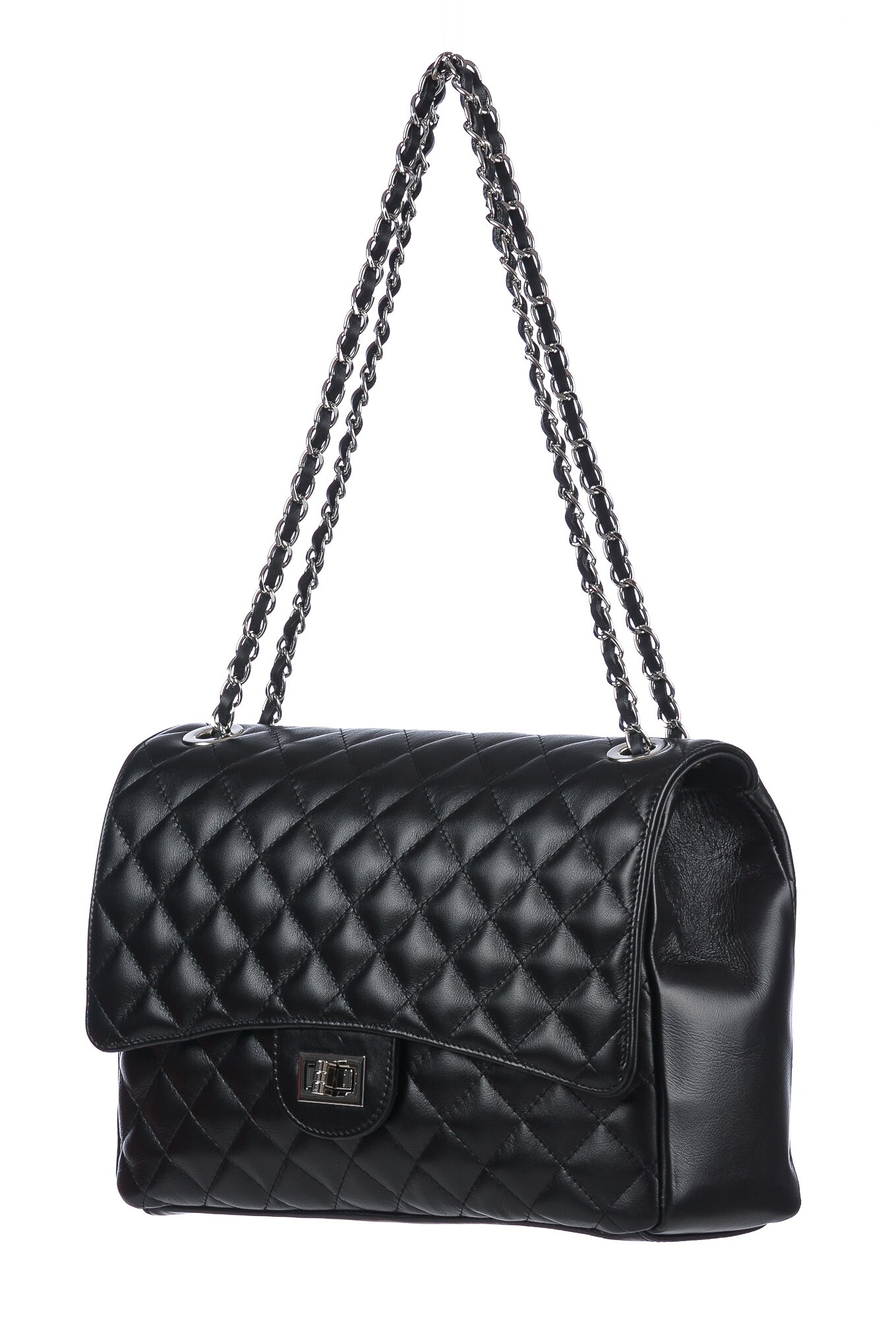 Genuine leather shoulder bag CHARLOTTE MAXI, BLACK colour, silver