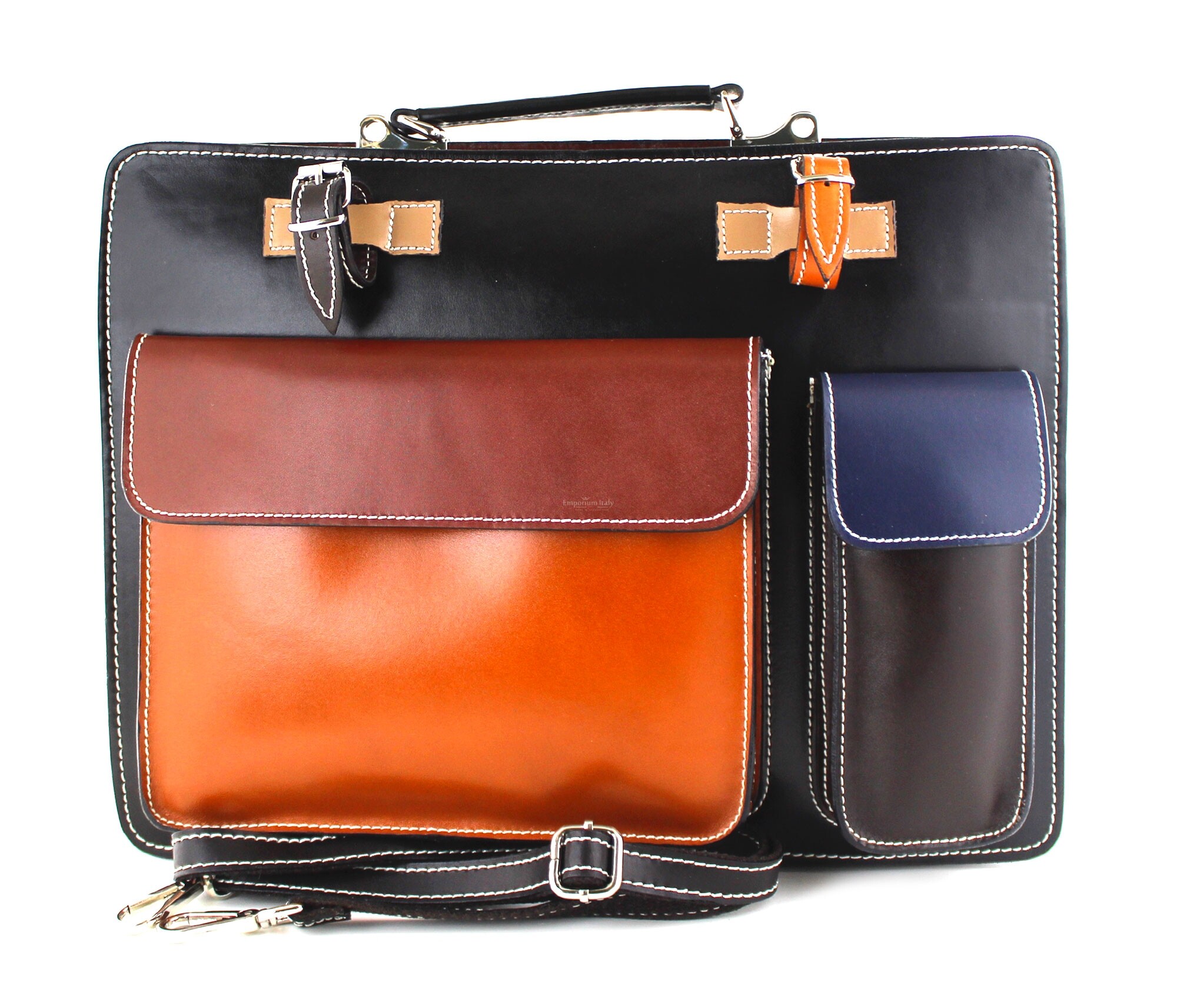 Mens / Ladies bag buffered real leather mod. ELVI XXL, MULTICOLOR black  base, with shoulder strap, CHIAROSCURO, Made in Italy. Good for carrying  portable laptop 15., RECOMMENDED