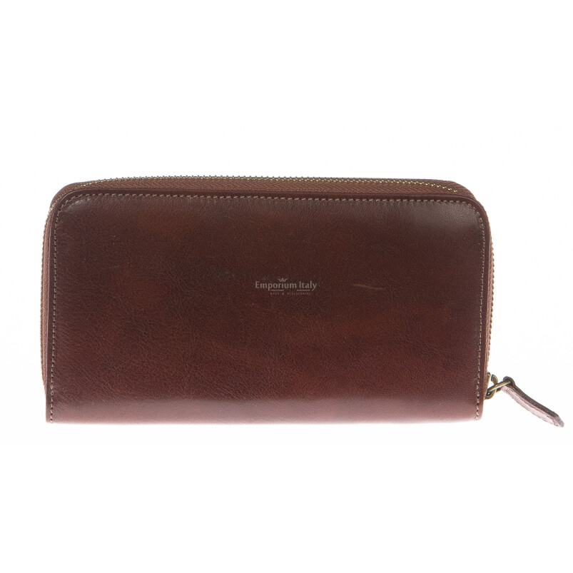 Mens / Ladies wallet in genuine traditional leather SANTINI mod MUGHETTO color BROWN, Made in Italy.