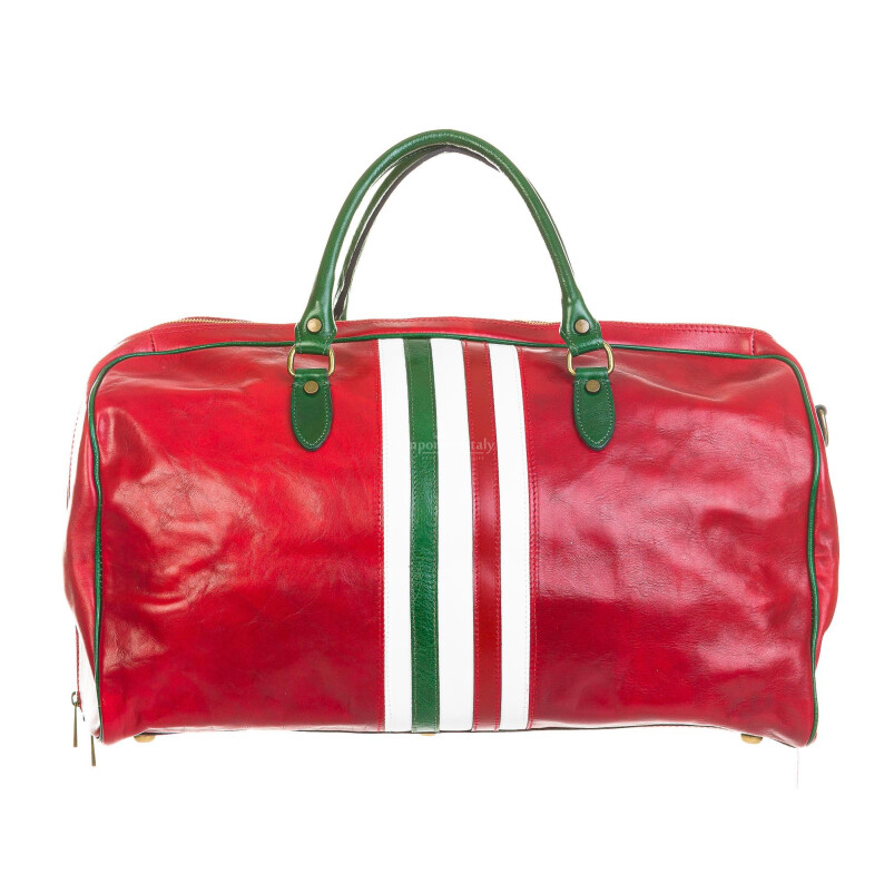 Mens / ladies travel bag in genuine leather CHIAROSCURO mod. TIMAVO MEDIUM, RED, tricolour italian flag Made in Italy.