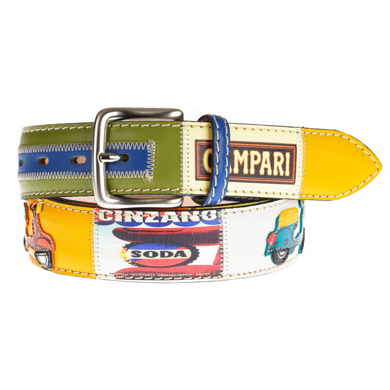 IMOLA: cintura uomo in cuoio, colore : MARRONE/ MULTICOLOR, tema fantasia Automobili, Made in Italy 