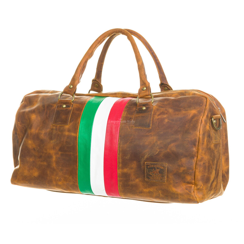 Borsone da viaggio in vero cuoio con tricolore italiano COMO MAXI, colore NABUK MARRONE, CHIAROSCURO, Made in Italy