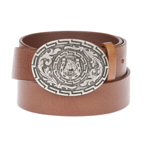 DENVER: men's leather belt, craft buckle, horse, color: BROWN, Made in Italy