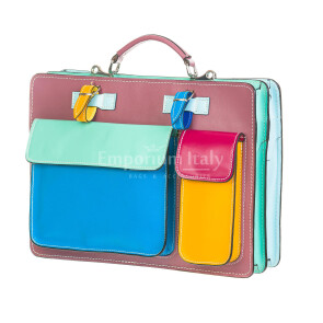 ELVI MAXI: офисный портфель / деловая сумка из кожи CHIAROSCURO, цвет пастельный МНОГОЦВЕТНАЯ, Розовый цвет основой, с плечевым ремнем, Made in Italy.