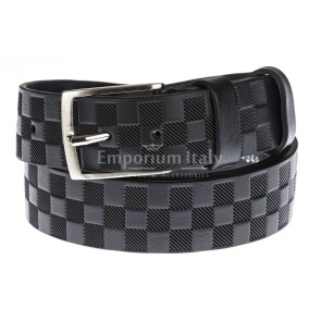 Mens genuine leather belt, mod. MAROSTICA, color BLACK, chessboard pattern, CHIAROSCURO, Made in Italy