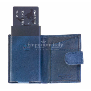 Portafoglio in vera pelle e porta carte di credito in alluminio, da uomo ELMAS con BLOCCO RFID, colore BLU, CHIAROSCURO.