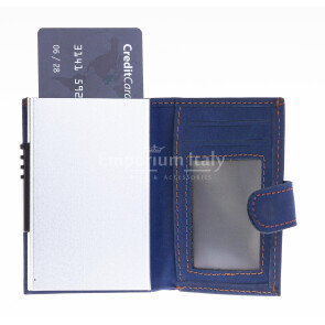 Portafoglio in vera pelle e porta carte di credito in alluminio, da uomo LUCCA con BLOCCO RFID, colore BLU, CHIAROSCURO.