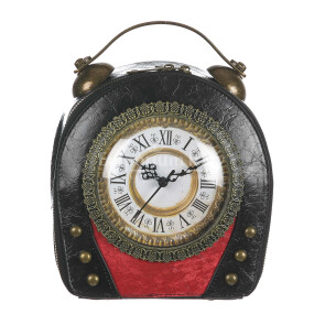 Borsa Retro Ben con orologio funzionante con tracolla, in Stile Steampunk, ecopelle, colore nero/rosso, ARIANNA DINI DESIGN