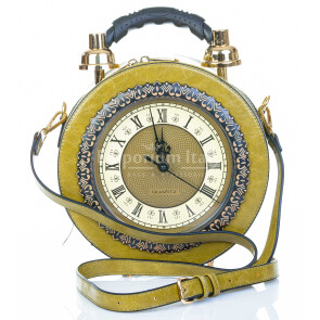 Borsa Tracy Clock con orologio funzionante con tracolla, Cosplay Steampunk, ecopelle, colore verde oliva, ARIANNA DINI DESIGN
