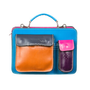 ELVI SMALL: офисный портфель / деловая сумка из кожи, с плечевым ремнем, CHIAROSCURO, цвет МНОГОЦВЕТНАЯ с голубой основой, Made in Italy.