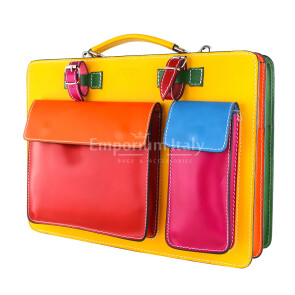 ELVI MAXI: офисный портфель / деловая сумка из кожи CHIAROSCURO цвет МНОГОЦВЕТНАЯ с желтой основой, с плечевым ремнем, Made in Italy.