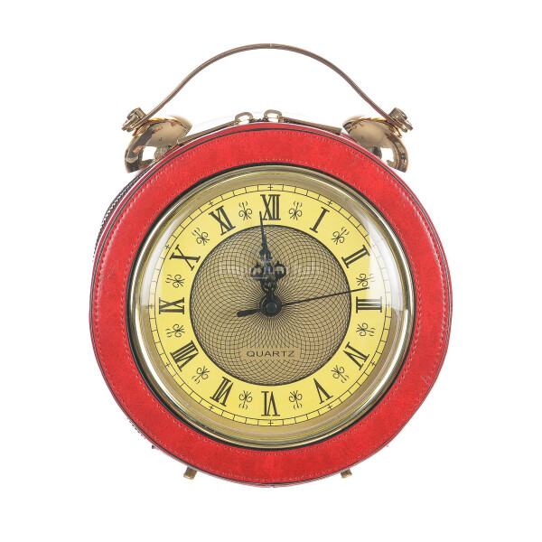 Borsa Mini Clock con orologio funzionante con tracolla, Cosplay Steampunk, ecopelle, colore rosso, ARIANNA DINI DESIGN