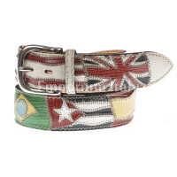 Genuine leather belt BASILEA for man, WHITE colour, with hand-sewn flags nations and python print, with applications in leather, SANTINI, MADE IN ITALY