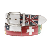 Genuine leather belt for man BASILEA, WHITE colour, with hand-sewn flags nations, with applications in leather, SANTINI, MADE IN ITALY