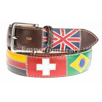 Genuine leather vintage belt for man BASILEA, DARK BROWN colour, with hand-sewn flags nations, with applications in leather,  SANTINI, MADE IN ITALY