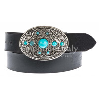 Genuine leather men's belt mod. GENOVA, color BLACK, special buckle with blue stone, CHIAROSCURO, Made in Italy