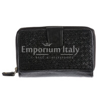 MONREALE: handcrafted high quality genuine buffered leather wallet, black colour, Chiaroscuro Made in Italy.