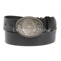 Genuine leather men's belt mod. GENOVA, color BLACK, special oval buckle with engravings, CHIAROSCURO, Made in Italy