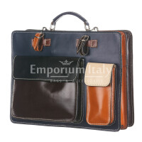 ELVI XXL: офисный портфель / деловая сумка из кожи CHIAROSCURO цвет МНОГОЦВЕТНАЯ на синeй основе, с плечевым ремнем,  Made in Italy.
