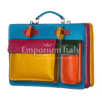  ELVI MAXI: офисный портфель / деловая сумка из кожи CHIAROSCURO цвет МНОГОЦВЕТНАЯ голубая основа, с плечевым ремнем,  Made in Italy.