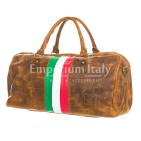 Borsa da viaggio in vero cuoio COMO MAXI, colore NABUK MARRONE, TRICOLORE BANDIERA ITALIANA, CHIAROSCURO, Made in Italy
