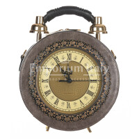 Borsa Tracy Clock con orologio funzionante con tracolla, Cosplay Steampunk, ecopelle, colore taupe, ARIANNA DINI DESIGN