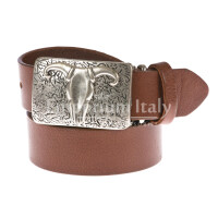Mens buffered real leather belt mod. GENOVA, special buckle with bull's skull, CHIAROSCURO