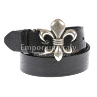 Mens buffered real leather belt mod. GENOVA, special lily flower buckle