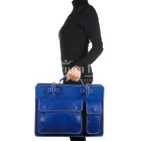Work / Office genuine leather bag,mod. ALEX XXL, colour blue, with shoulder strap, CHIAROSCURO, Made in Italy.