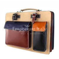 ELVI MAXI: офисный портфель / деловая сумка из кожи CHIAROSCURO цвет МНОГОЦВЕТНАЯ с бежевой основой, с плечевым ремнем, Made in Italy.