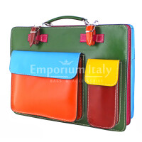 ELVI XXL: офисный портфель / деловая сумка из кожи CHIAROSCURO цвет МНОГОЦВЕТНАЯ с зеленой основой, с плечевым ремнем,  Made in Italy.