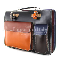 Mens / Ladies bag buffered real leather mod. ELVI XXL, MULTICOLOR black base, with shoulder strap, CHIAROSCURO, Made in Italy. Good for carrying portable laptop 15".